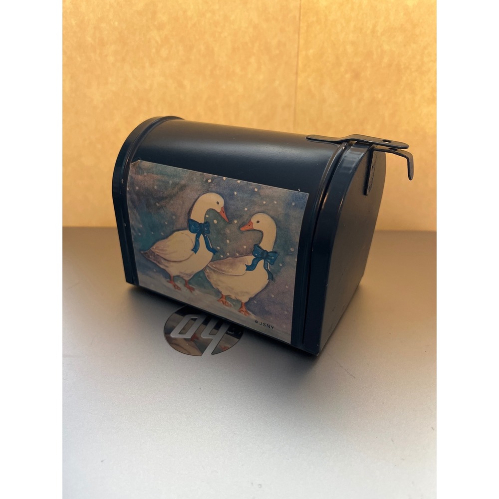 Vintage JSNY Mini Metal Mailbox Navy Blue Goose Winter Scene Holiday Tin Decor
